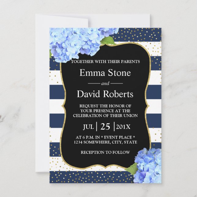 Invitation Mariage floral hydrangea bleu rayé marine (Devant)