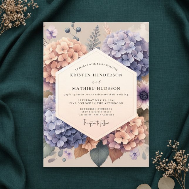 Invitation Mariage Floral Hydrangea Lavande Pêche (Créateur téléchargé)