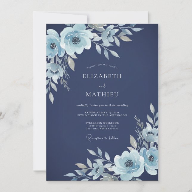 Invitation Mariage Floral Icy Navy (Devant)