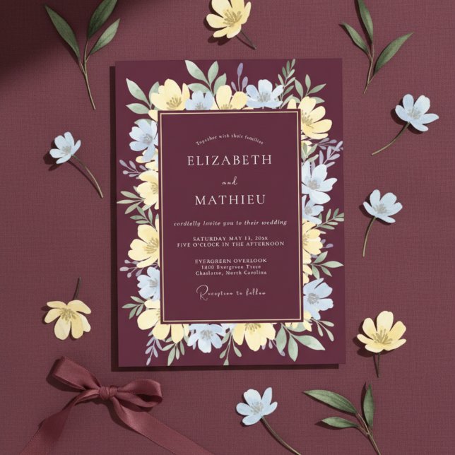Invitation Mariage Floral Illustratif Bordeaux (Créateur téléchargé)
