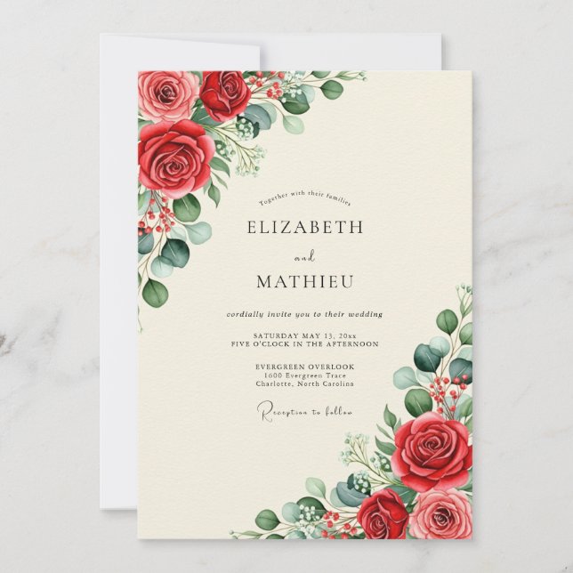 Invitation Mariage Floral Illustre Rouge (Devant)