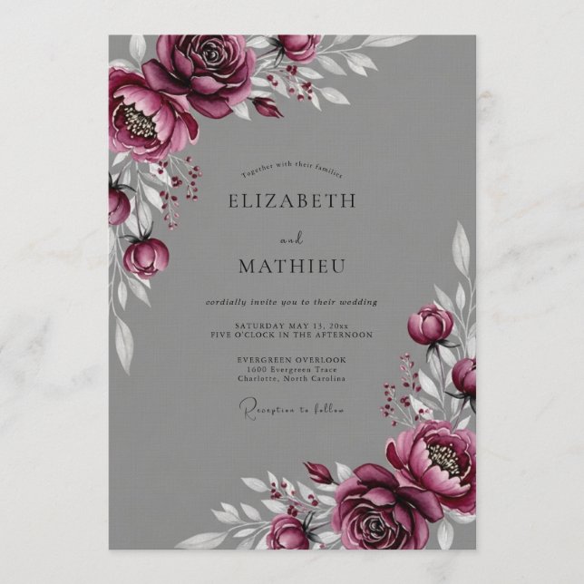 Invitation Mariage Floral Impressionniste au Plum (Devant)