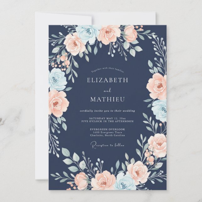 Invitation Mariage Floral Impressionniste Bleu Marine (Devant)