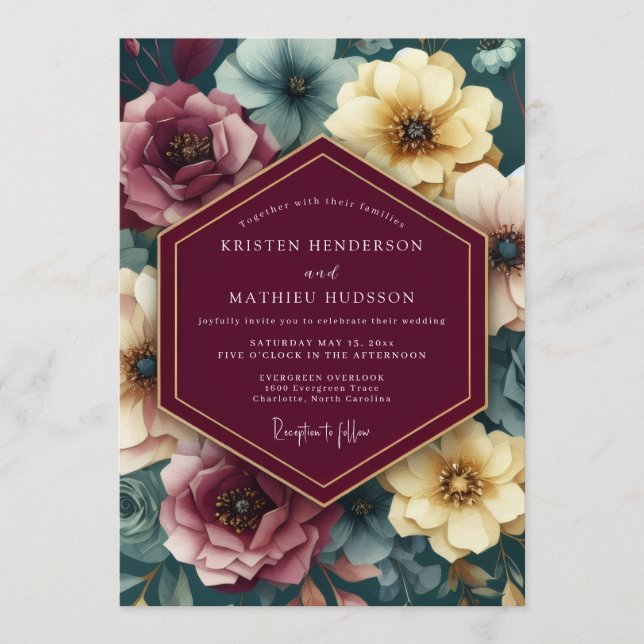 Invitation Mariage Floral Impressionniste Bordeaux (Devant)