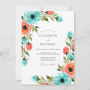 Invitation Mariage Floral Impressionniste Corail Sarcelle