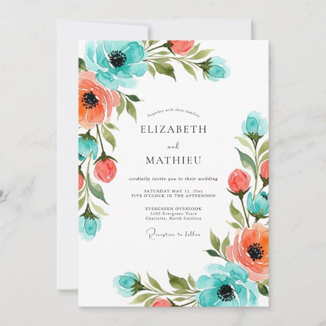 Invitation Mariage Floral Impressionniste Corail Sarcelle (Devant)