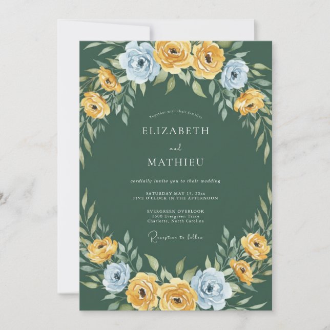 Invitation Mariage Floral Impressionniste Jaune Bleu (Devant)