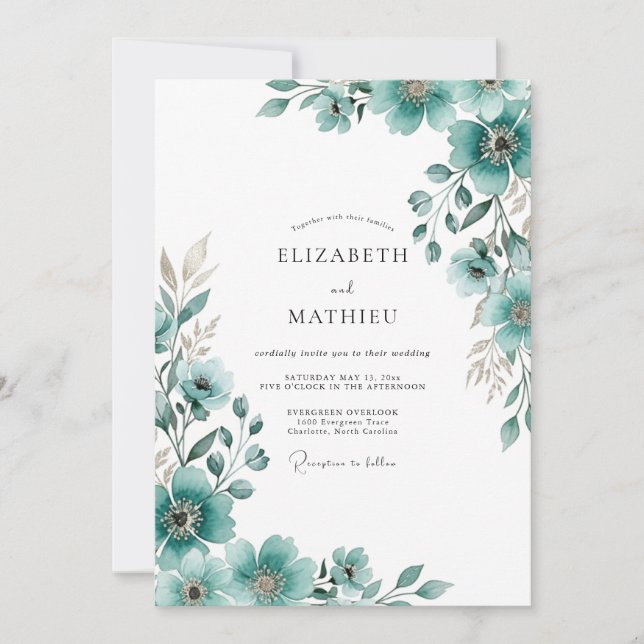 Invitation Mariage Floral Impressionniste Sarcelle (Devant)
