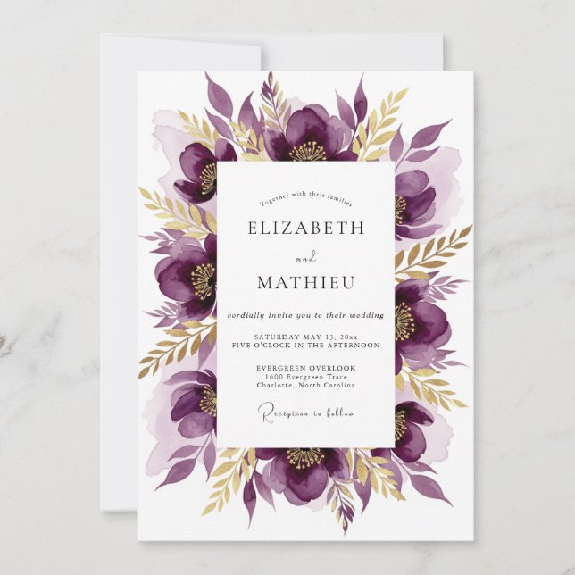 Invitation Mariage Floral Impressionniste Violet Foncé (Devant)