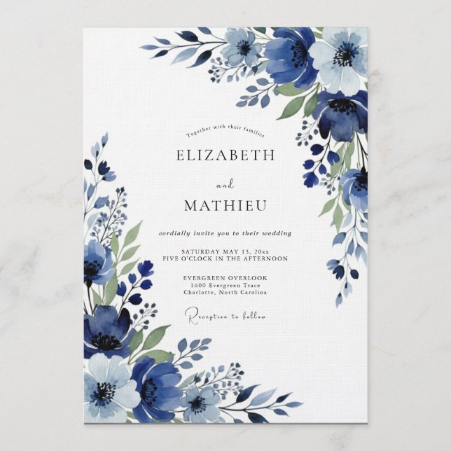 Invitation Mariage Floral Indigo à l'aquarelle (Devant)