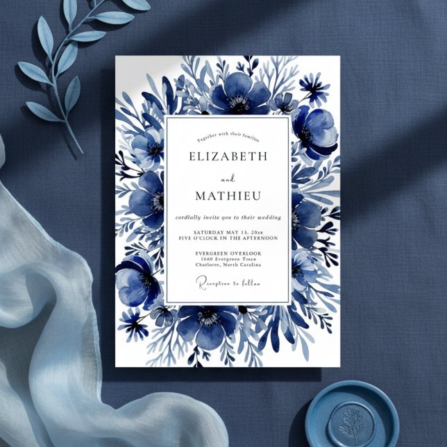 Invitation Mariage Floral Indigo à l'Aspect Pictural (Créateur téléchargé)