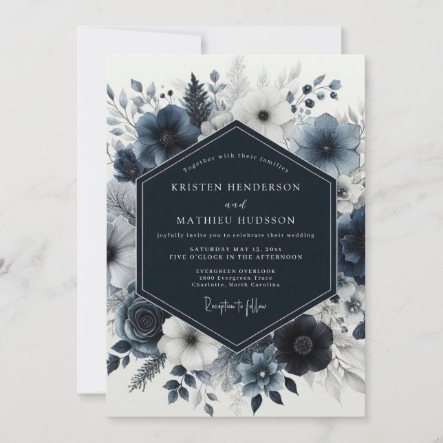 Invitation Mariage Floral Indigo en Forêt (Devant)