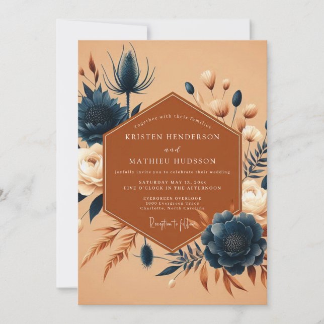 Invitation Mariage Floral Indigo Orange Brûlé (Devant)