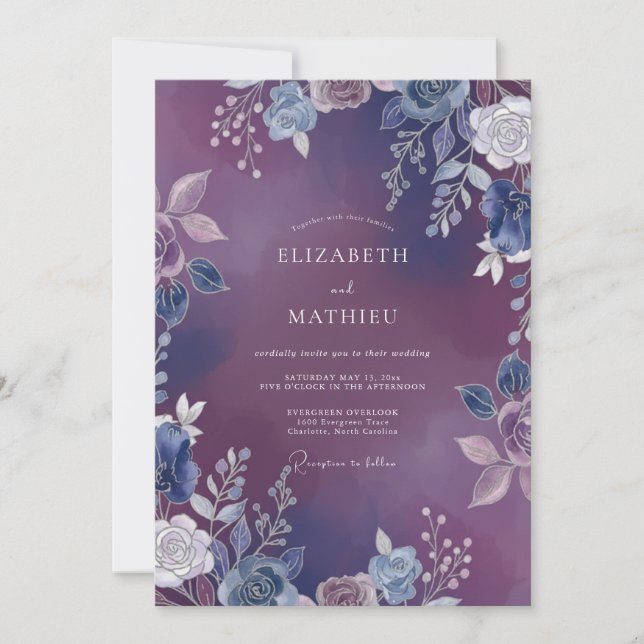 Invitation Mariage Floral Indigo Violet Humeur (Devant)