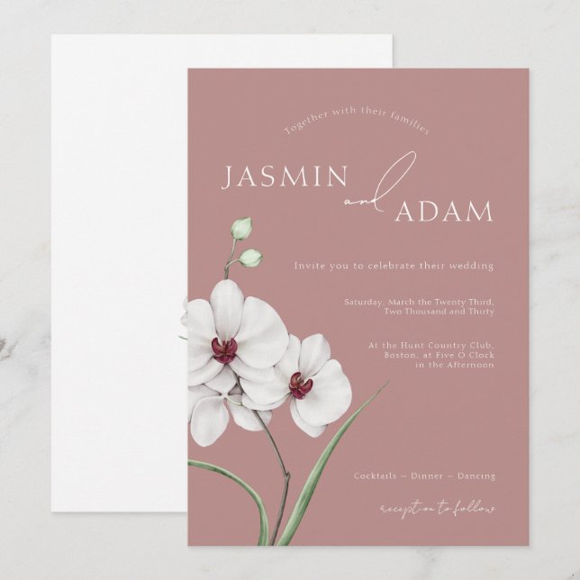 Invitation Mariage Floral Initiales Orchidée Blanche Rose Pou (Devant / Derrière)