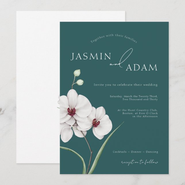 Invitation Mariage floral initiales orchidée blanche vert éme (Devant / Derrière)