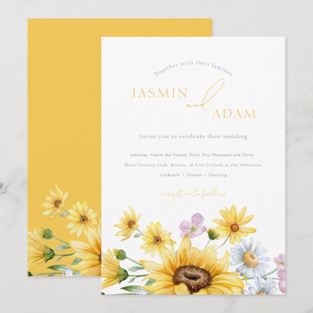 Invitation Mariage Floral Initiales Tournesol Jaune d'Été (Devant / Derrière)