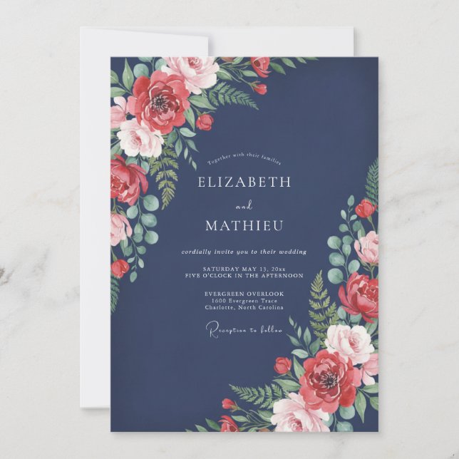 Invitation Mariage Floral Intemporel Bleu Marine (Devant)