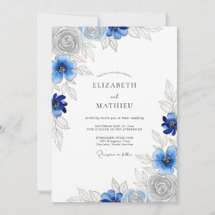 Invitation Mariage Floral Intemporel Bleu Royal