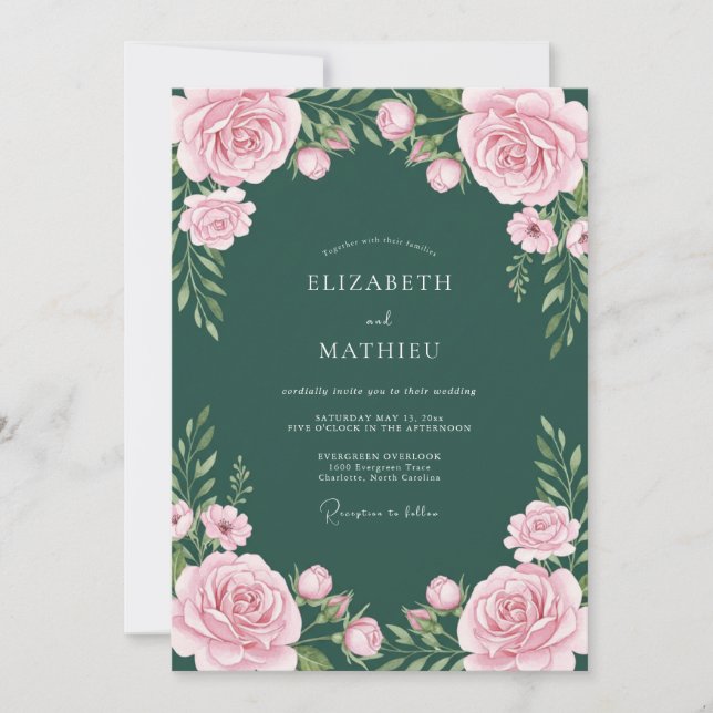 Invitation Mariage Floral Intemporel Vert Émeraude (Devant)