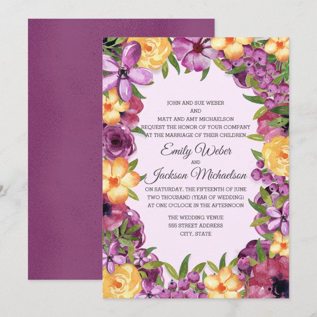 Invitation Mariage floral iridescent tons de joaillerie viole (Devant / Derrière)