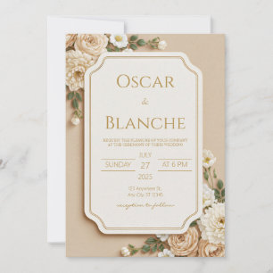 Invitation Mariage Floral Ivoire Beige Cranté Doré