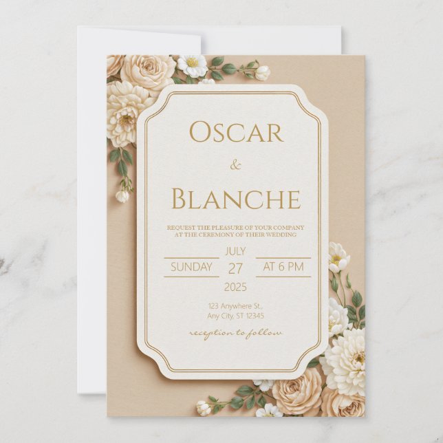 Invitation Mariage Floral Ivoire Beige Cranté Doré (Devant)