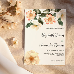 Invitation Mariage floral ivoire corail rose vert botanique
