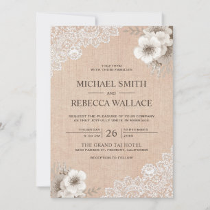 Invitation Mariage Floral Ivoire en Dentelle de Toile de Jute