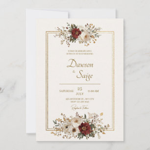 Invitation Mariage Floral Ivoire Or Rustique Bourgogne