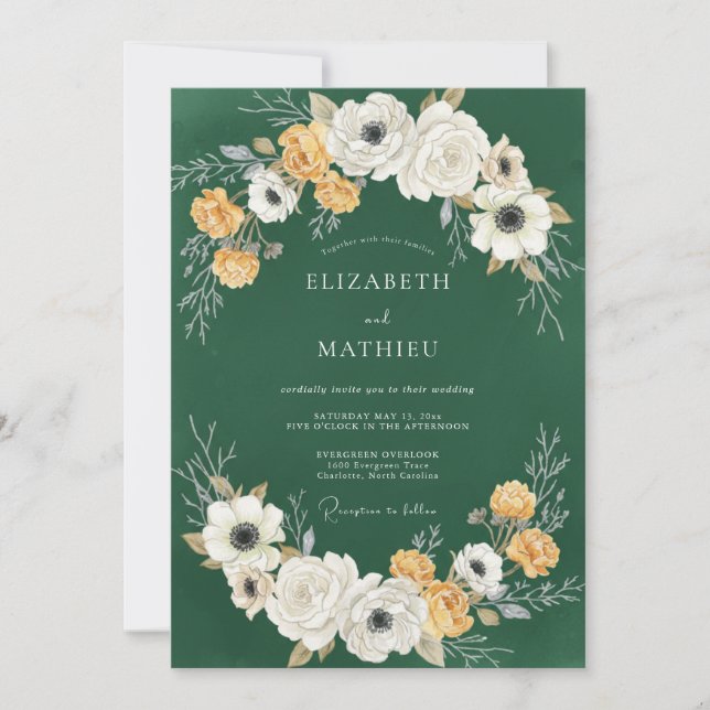 Invitation Mariage Floral Ivoire Profond Vert (Devant)