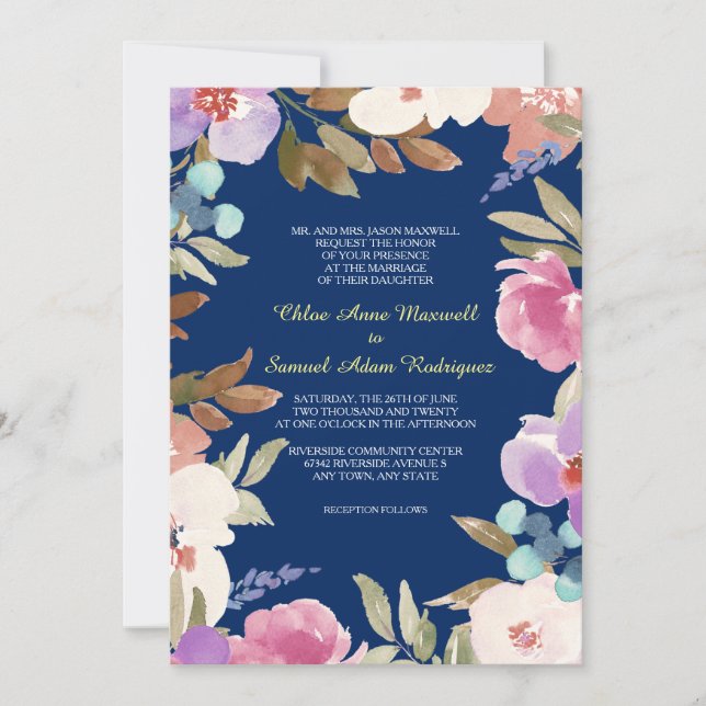 Invitation Mariage Floral Jardin Bleu Marine (Devant)