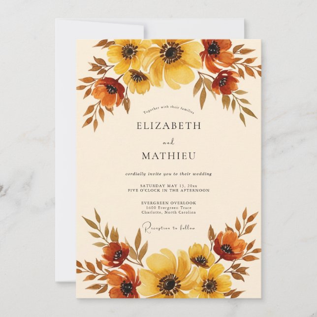 Invitation Mariage Floral Jaune Ambre Automne (Devant)