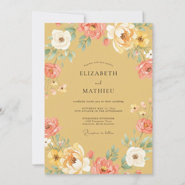 Invitation Mariage Floral Jaune Automnal Prospère (Devant)