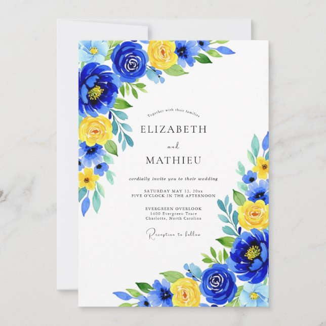 Invitation Mariage Floral Jaune Bleu (Devant)