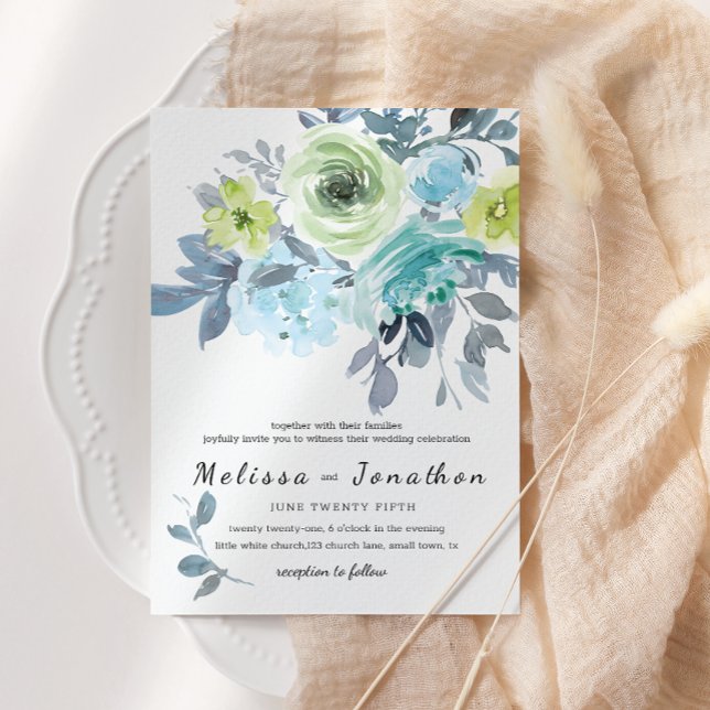 Invitation Mariage Floral Jaune Bleu Clair Vert (Créateur téléchargé)