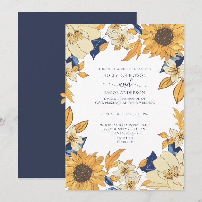 Invitation Mariage floral jaune bleu tournesol moderne (Devant / Derrière)