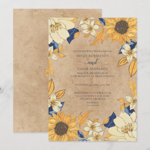 Invitation Mariage Floral Jaune Bleu Tournesol Rustique