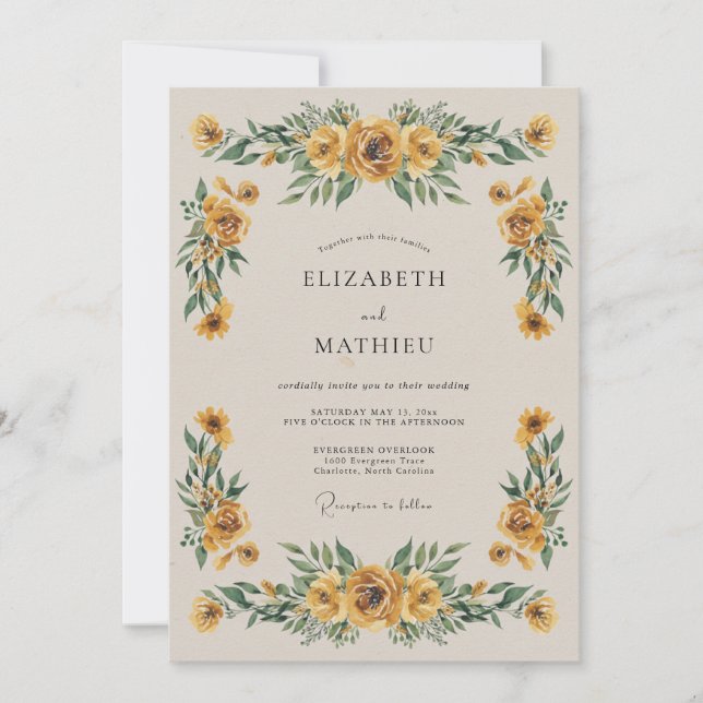 Invitation Mariage Floral Jaune Doré en Automne (Devant)