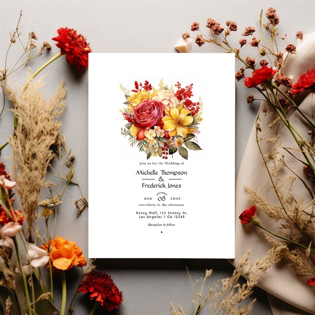Invitation Mariage Floral Jaune Doré et Rouge Rouge à Lèvres (Créateur téléchargé)
