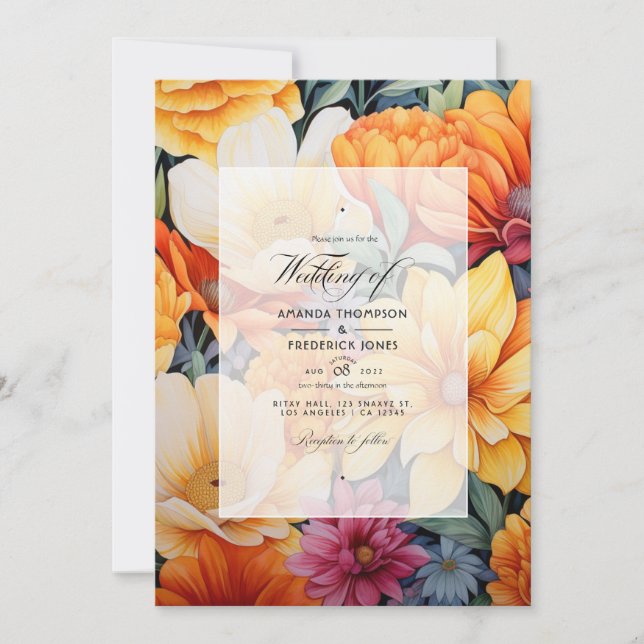Invitation Mariage floral jaune et orange (Devant)