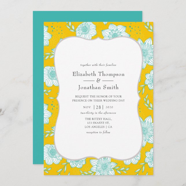 Invitation Mariage floral jaune et Turquoise (Devant / Derrière)