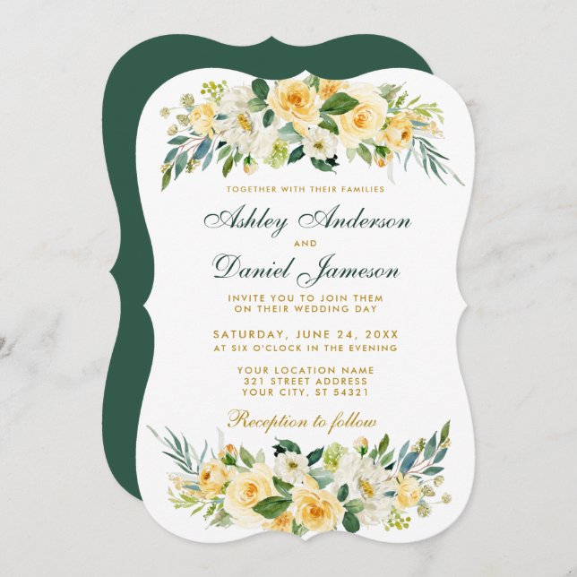 Invitation Mariage Floral Jaune Or Blanc Vert (Devant / Derrière)