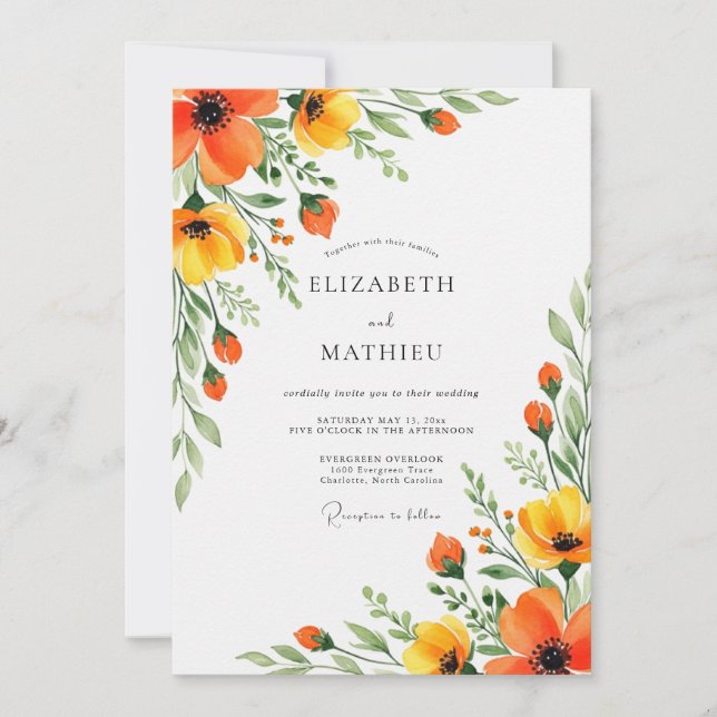 Invitation Mariage Floral Jaune Orange Élégant (Devant)