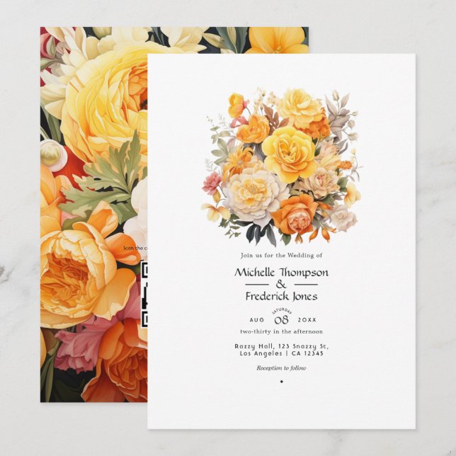 Invitation Mariage floral jaune, orange et ivoire (Devant / Derrière)
