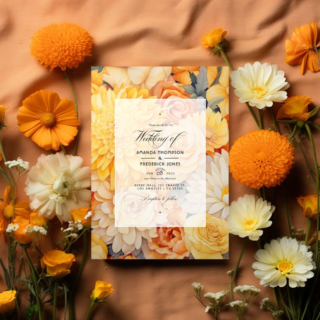 Invitation Mariage floral jaune, orange et ivoire (yellow, orange and ivory)