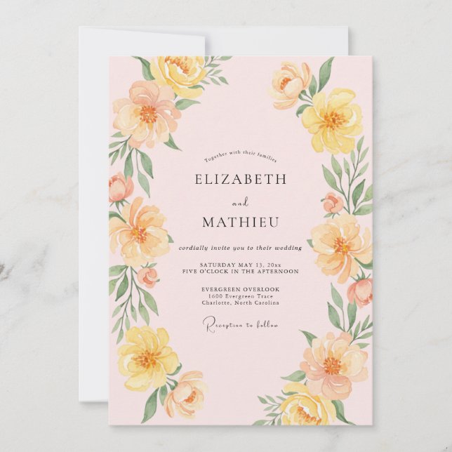 Invitation Mariage Floral Jaune Pêche Embrasse (Devant)
