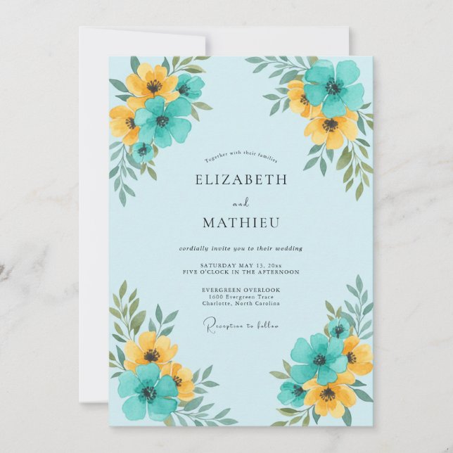 Invitation Mariage Floral Jaune Sarcelle (Devant)