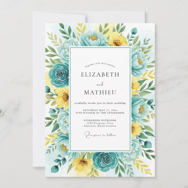 Invitation Mariage Floral Jaune Sarcelle (Devant)