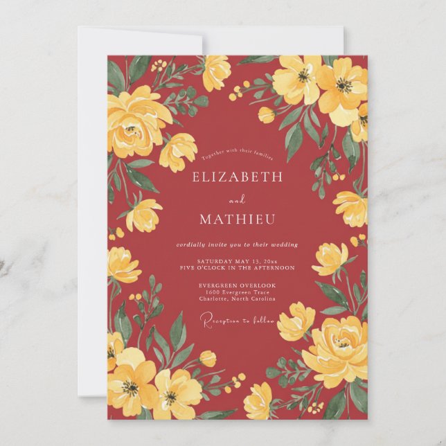Invitation Mariage Floral Jaune Terracotta (Devant)